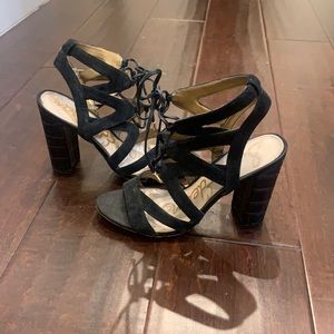 Black suede Sam Edelman block heels with tie front
